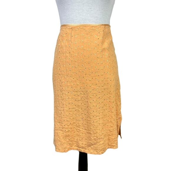 120% Lino Tangerine Orange Embroidered Eyelet 100% Linen A-line Skirt - Picture 1 of 8